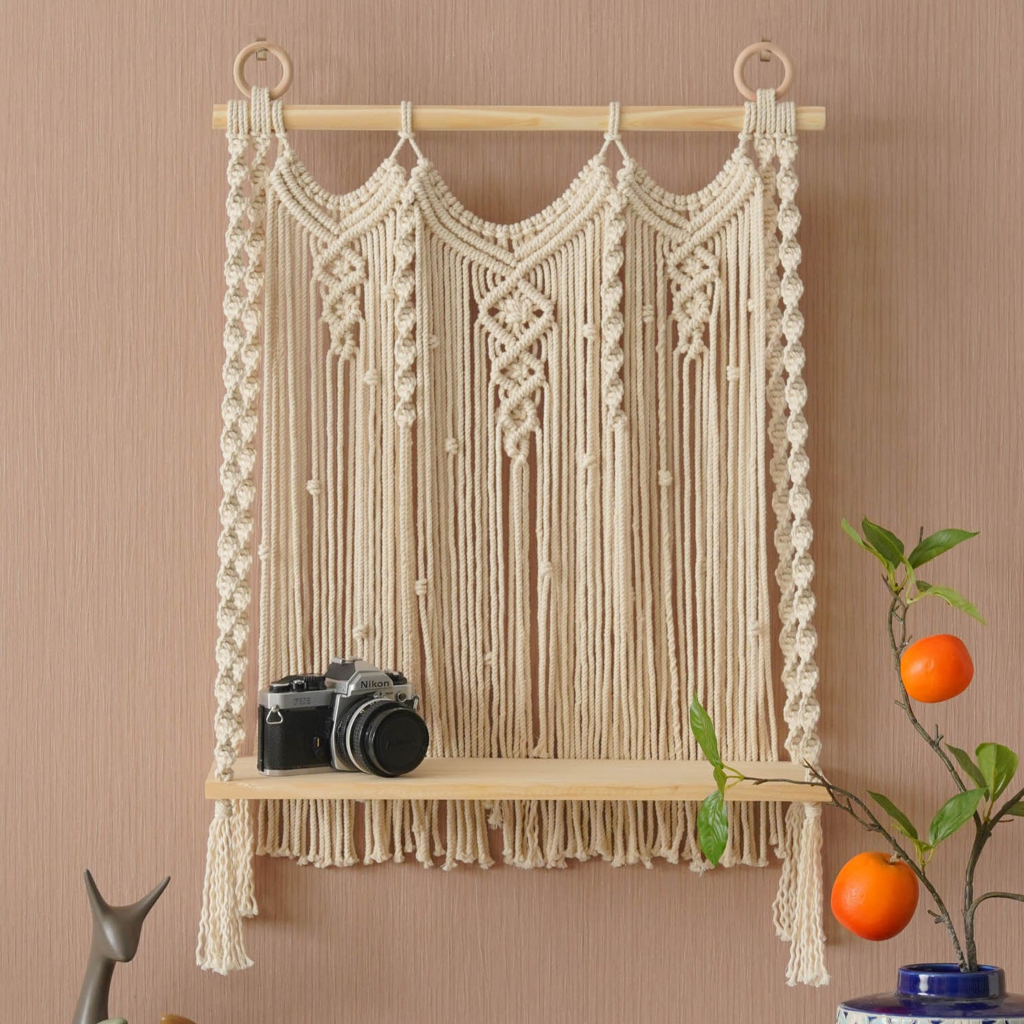 Macrame Wooden Shelf For Stylish Wall Display And Storage