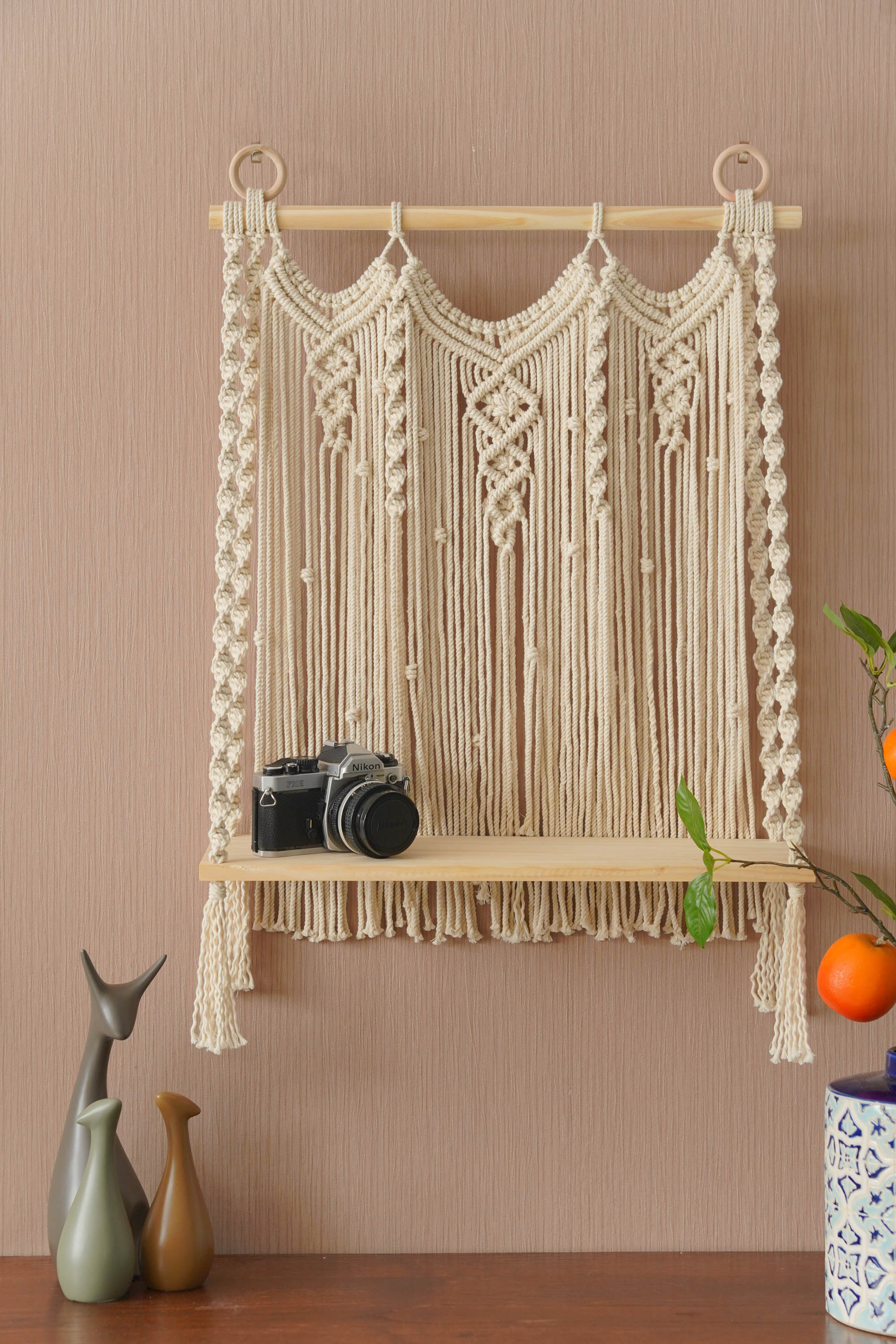 Macrame Wooden Shelf For Stylish Wall Display And Storage