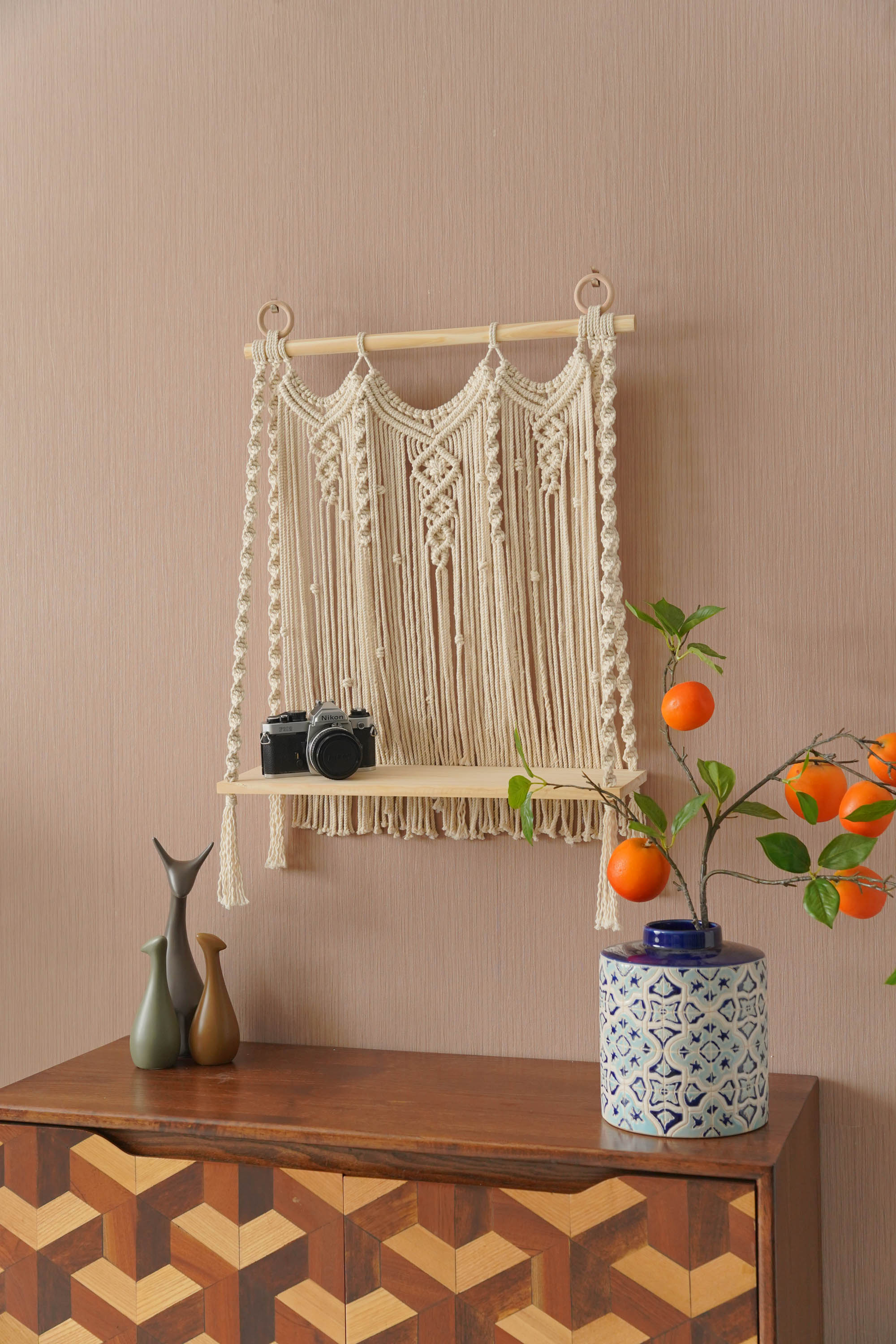 Macrame Wooden Shelf For Stylish Wall Display And Storage