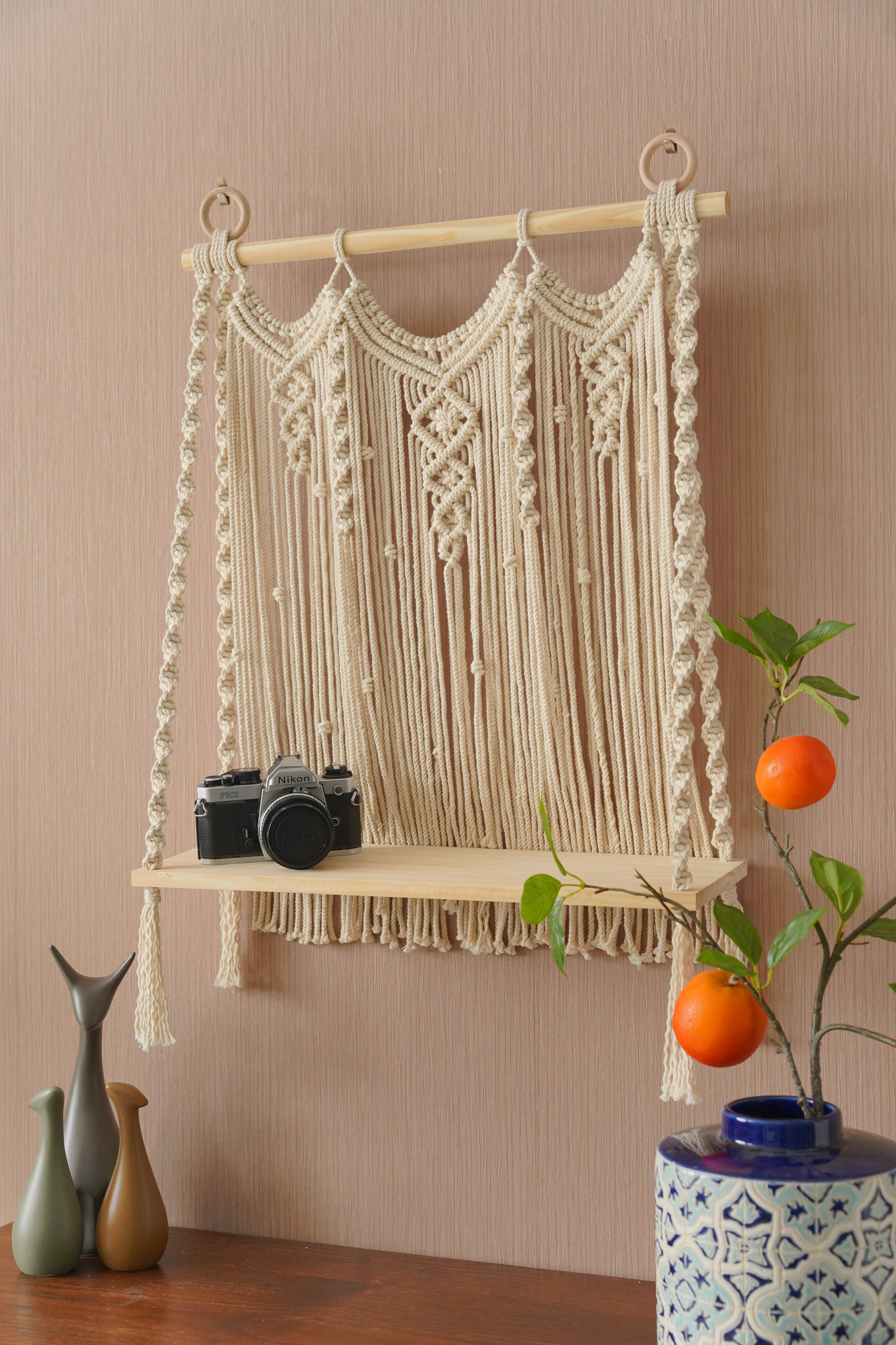 Macrame Wooden Shelf For Stylish Wall Display And Storage