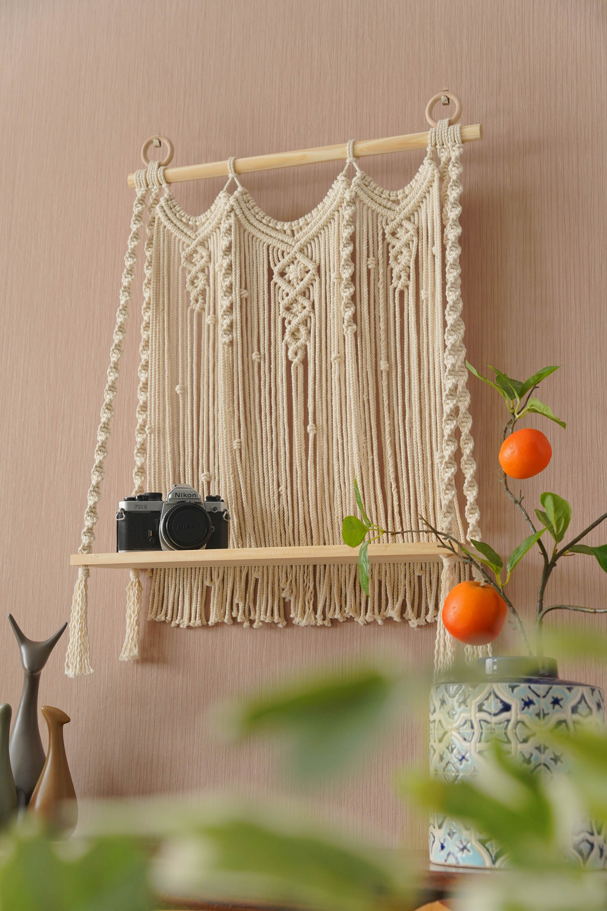 Macrame Wooden Shelf For Stylish Wall Display And Storage