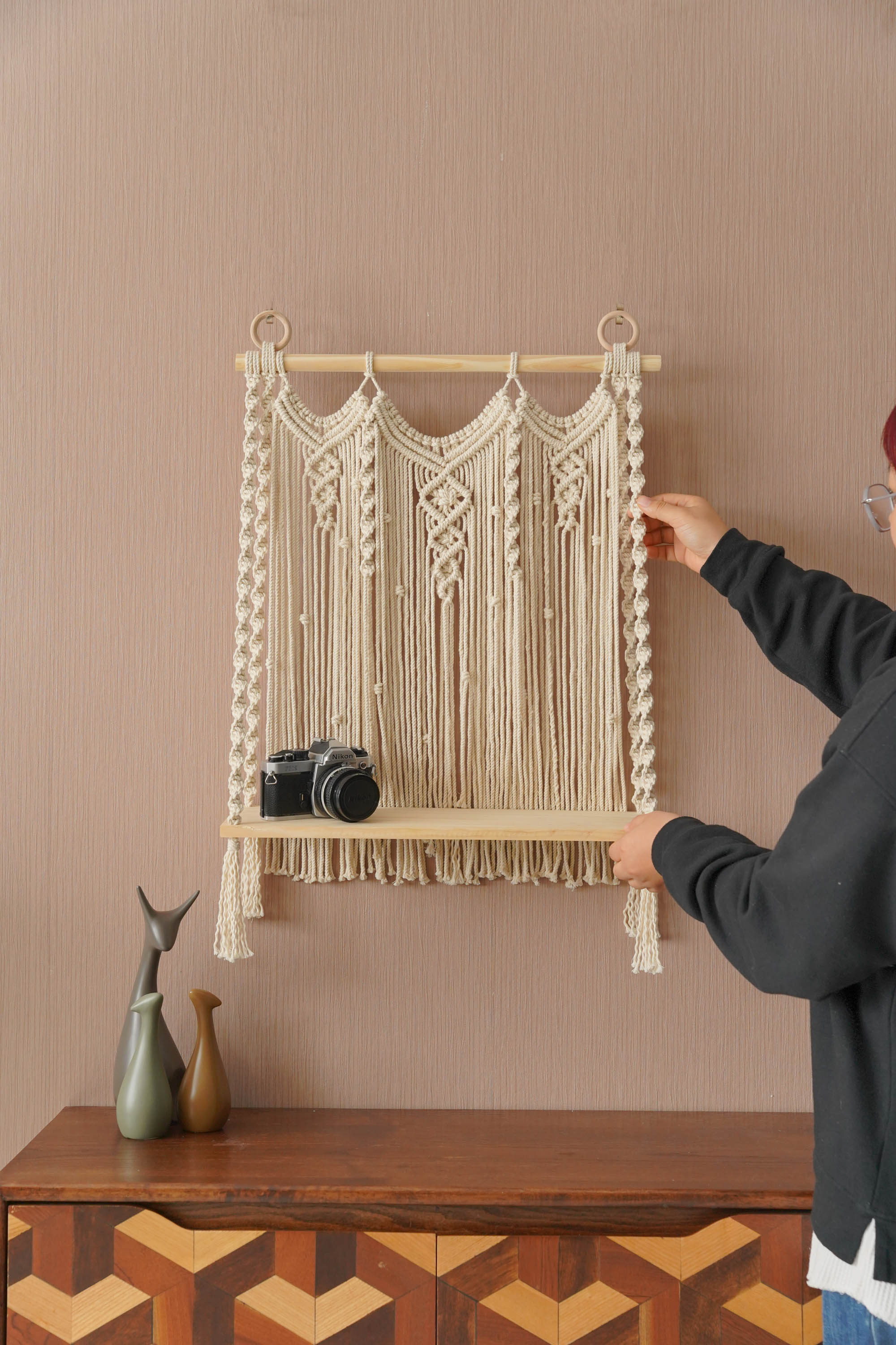 Macrame Wooden Shelf For Stylish Wall Display And Storage