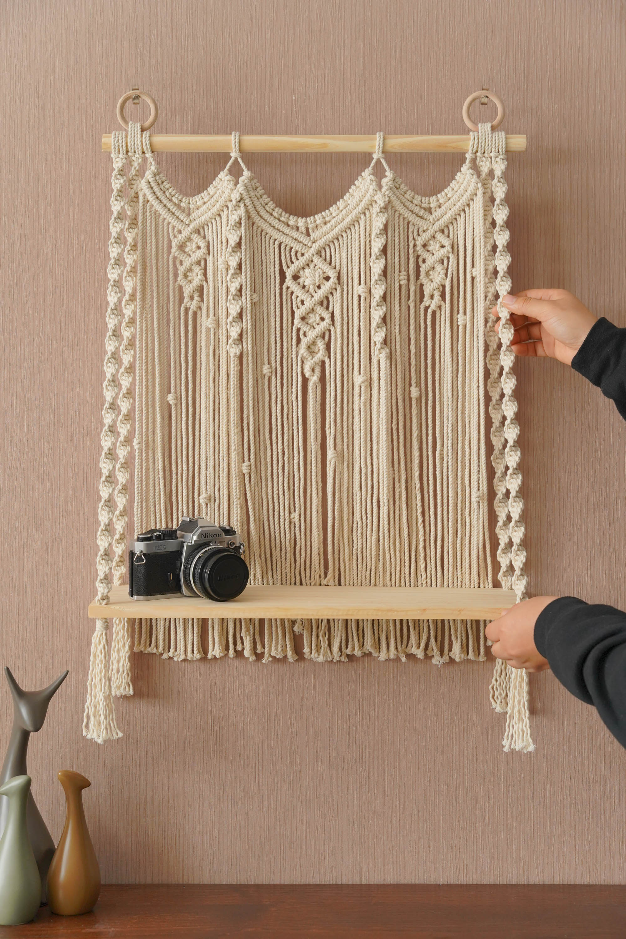 Macrame Wooden Shelf For Stylish Wall Display And Storage