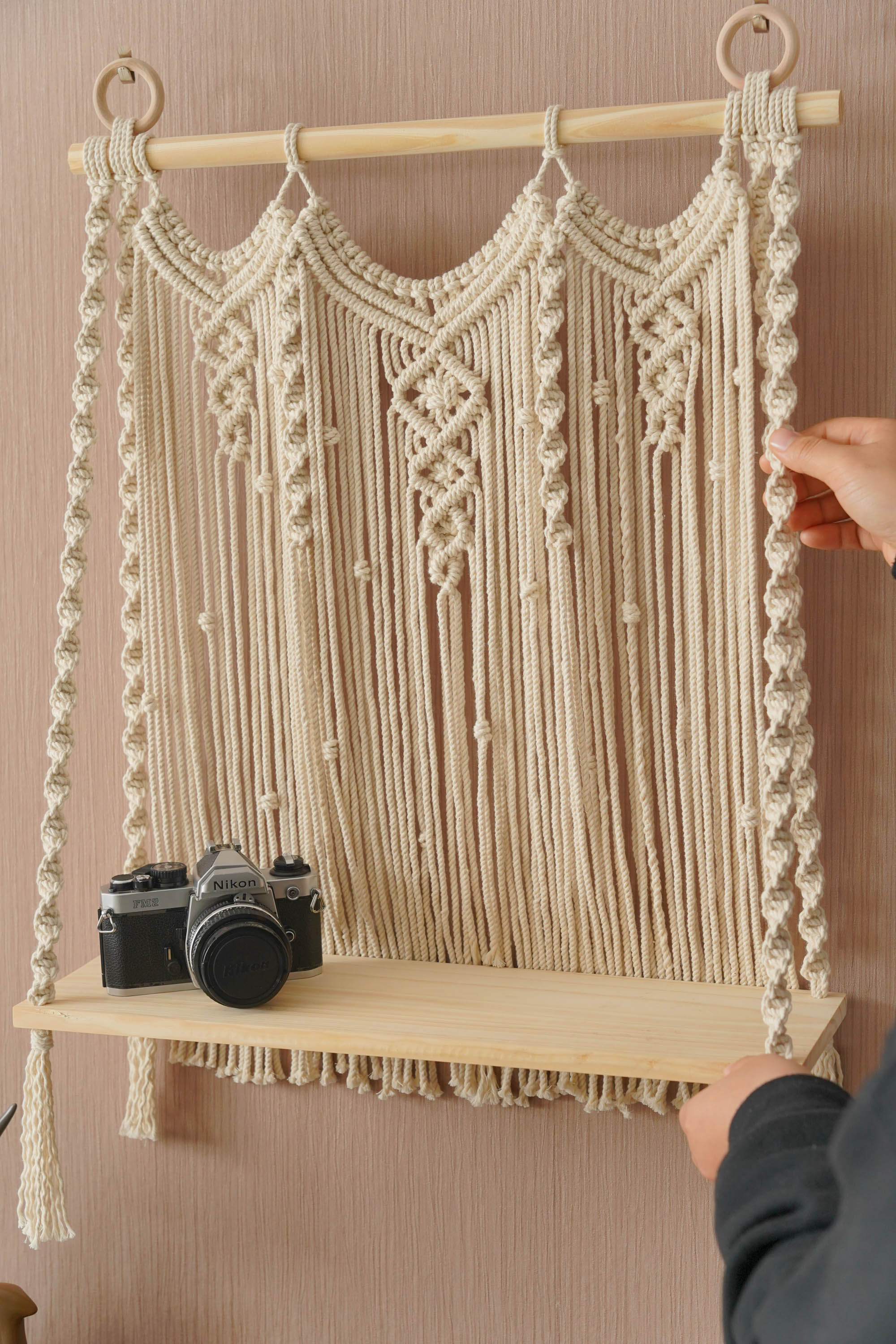Macrame Wooden Shelf For Stylish Wall Display And Storage