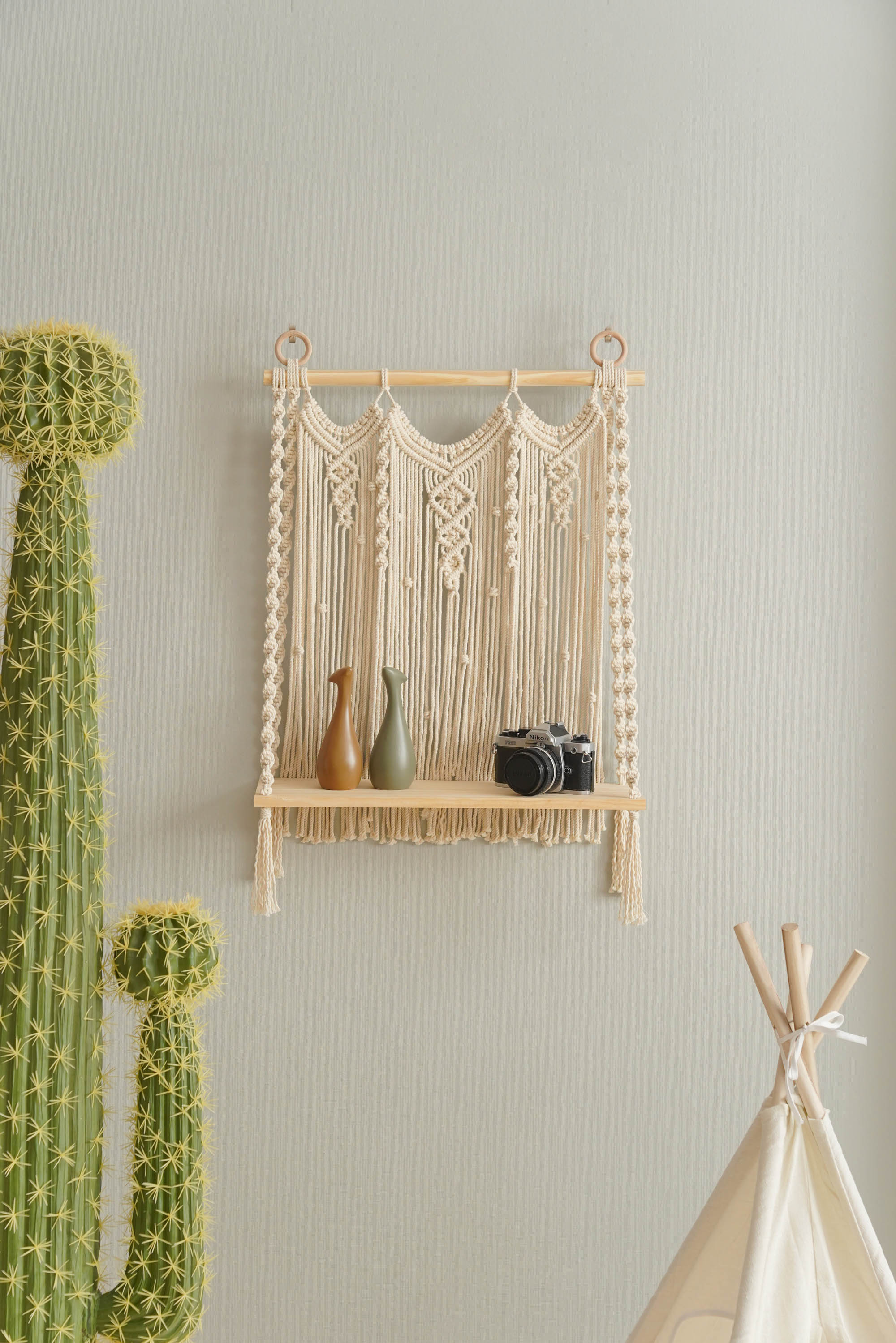 Macrame Wooden Shelf For Stylish Wall Display And Storage