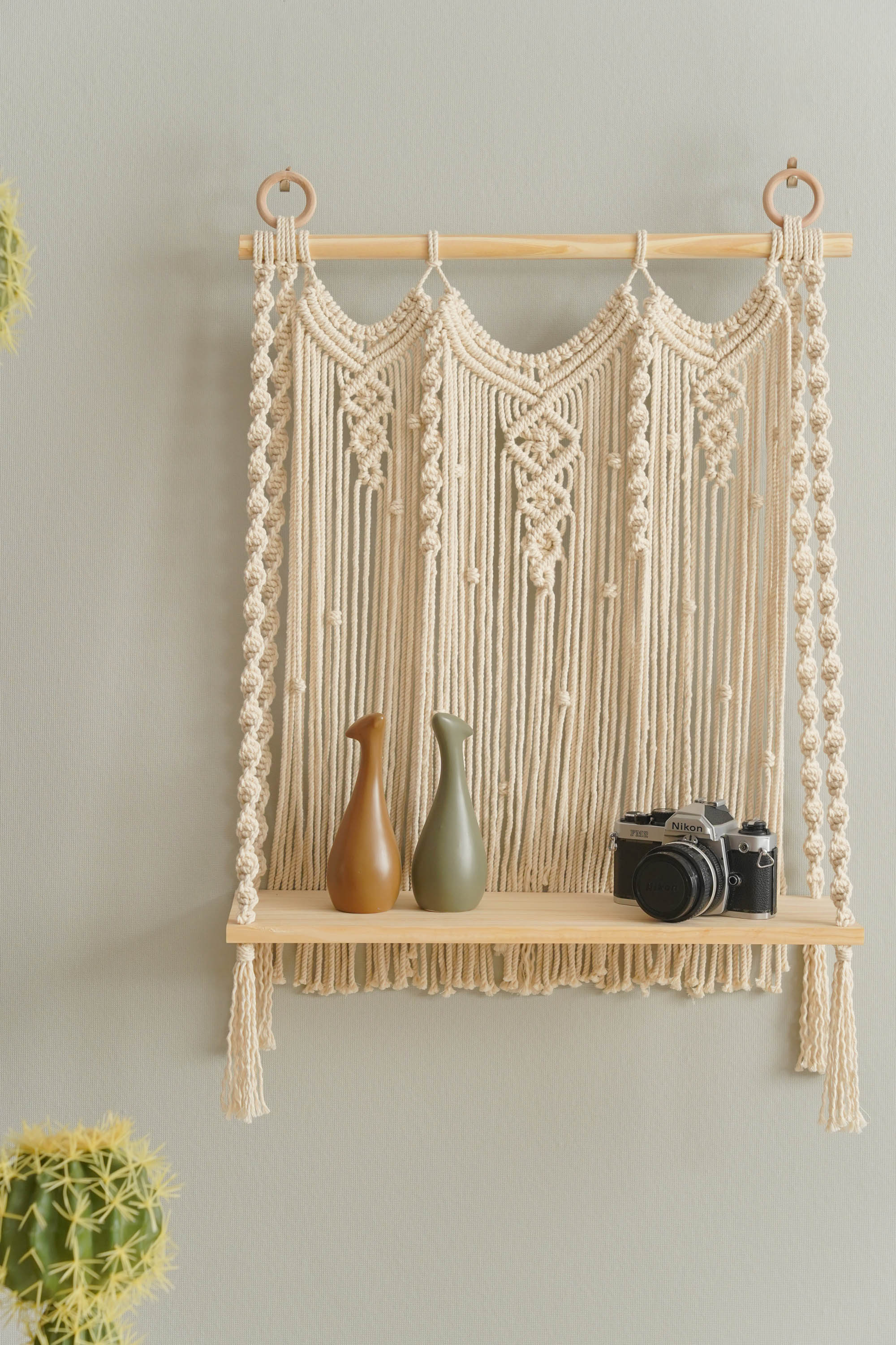 Macrame Wooden Shelf For Stylish Wall Display And Storage