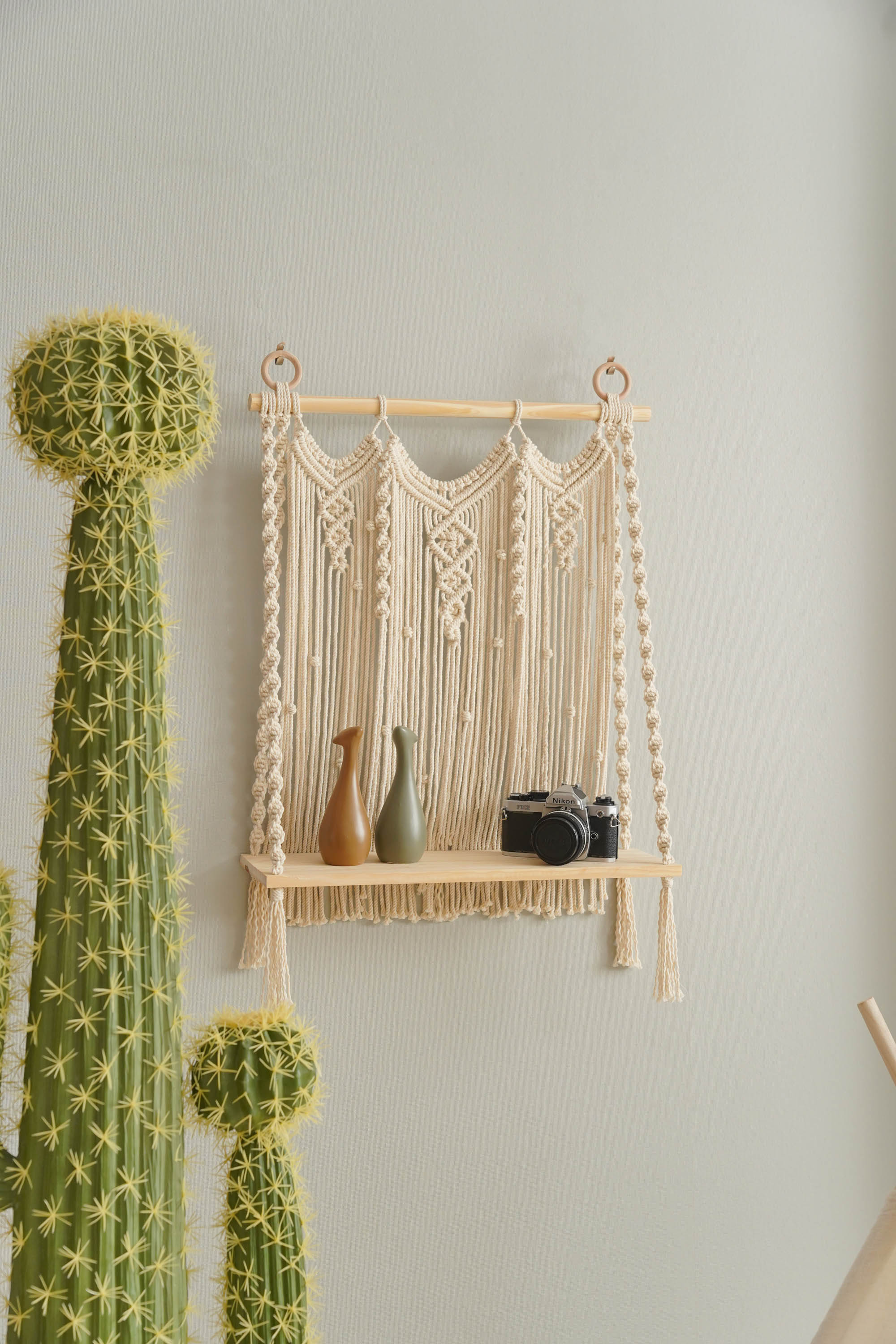Macrame Wooden Shelf For Stylish Wall Display And Storage