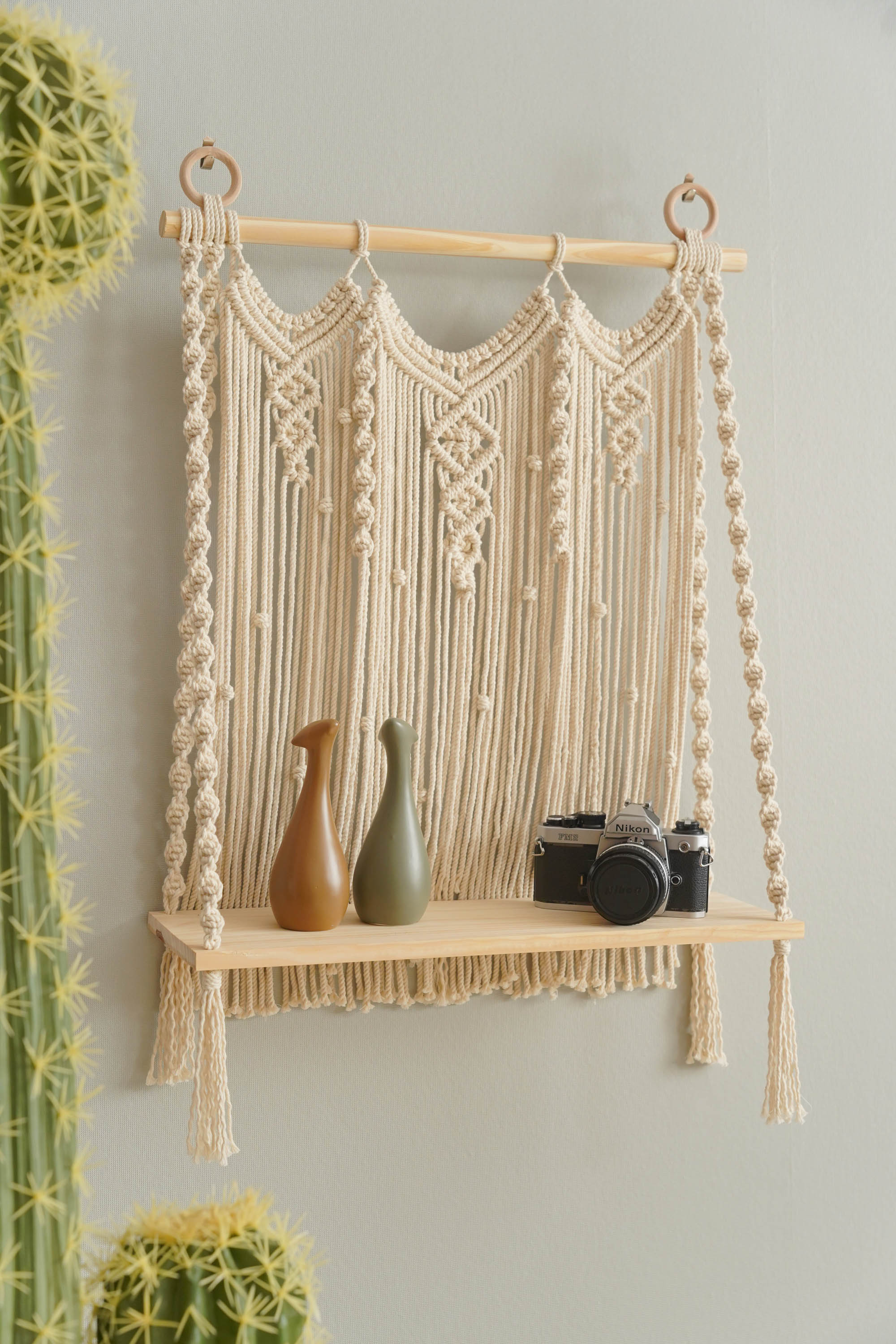 Macrame Wooden Shelf For Stylish Wall Display And Storage