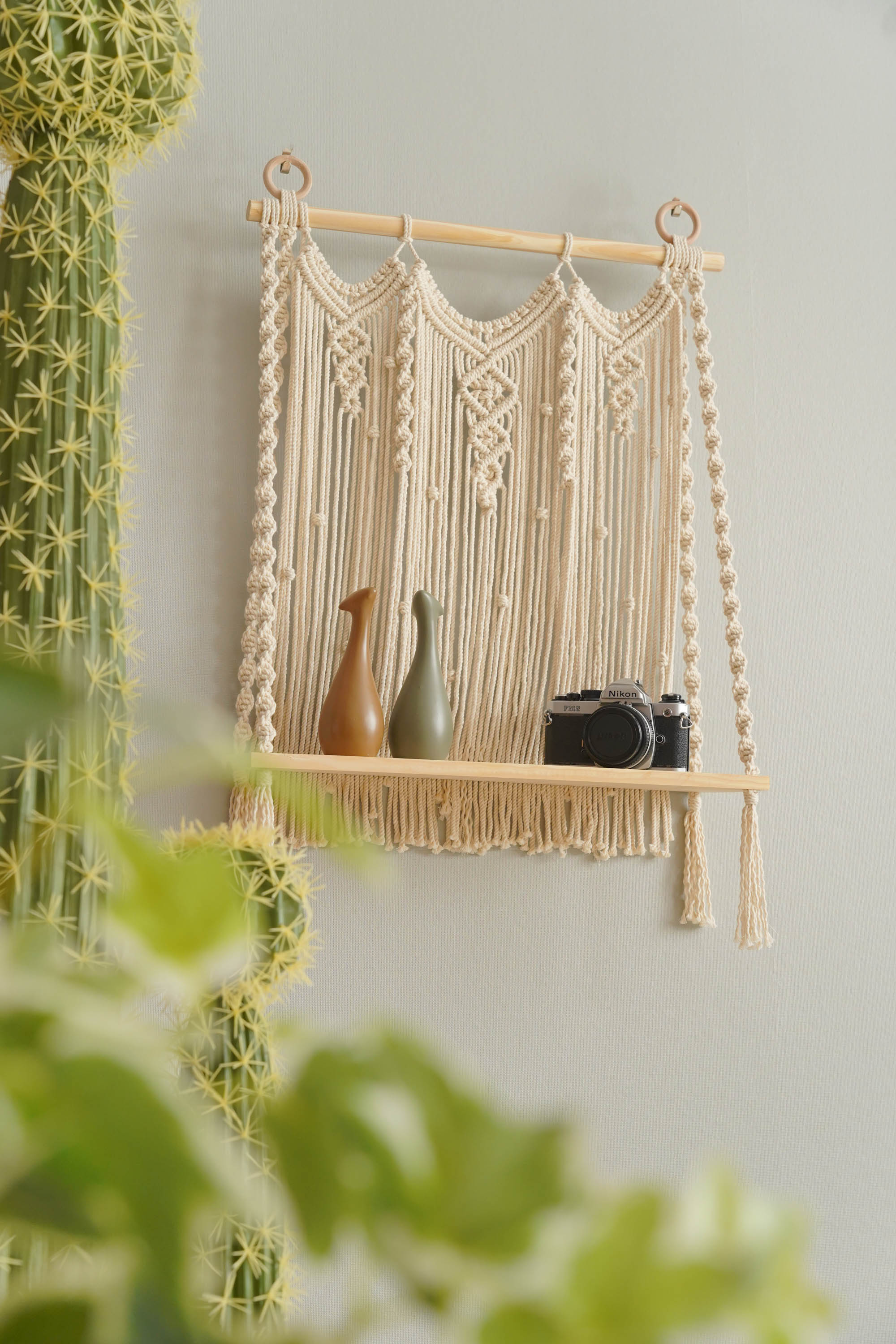 Macrame Wooden Shelf For Stylish Wall Display And Storage