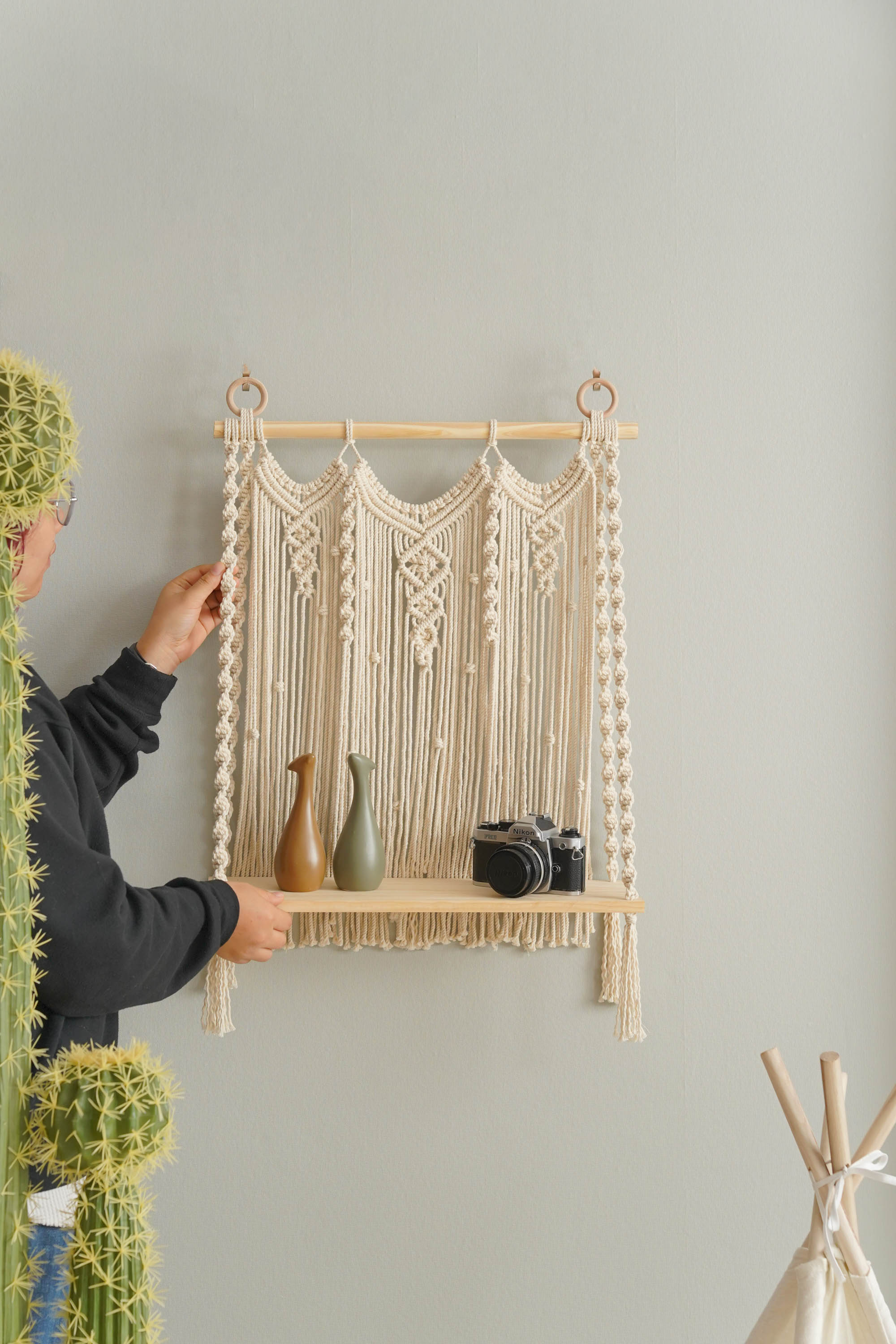 Macrame Wooden Shelf For Stylish Wall Display And Storage