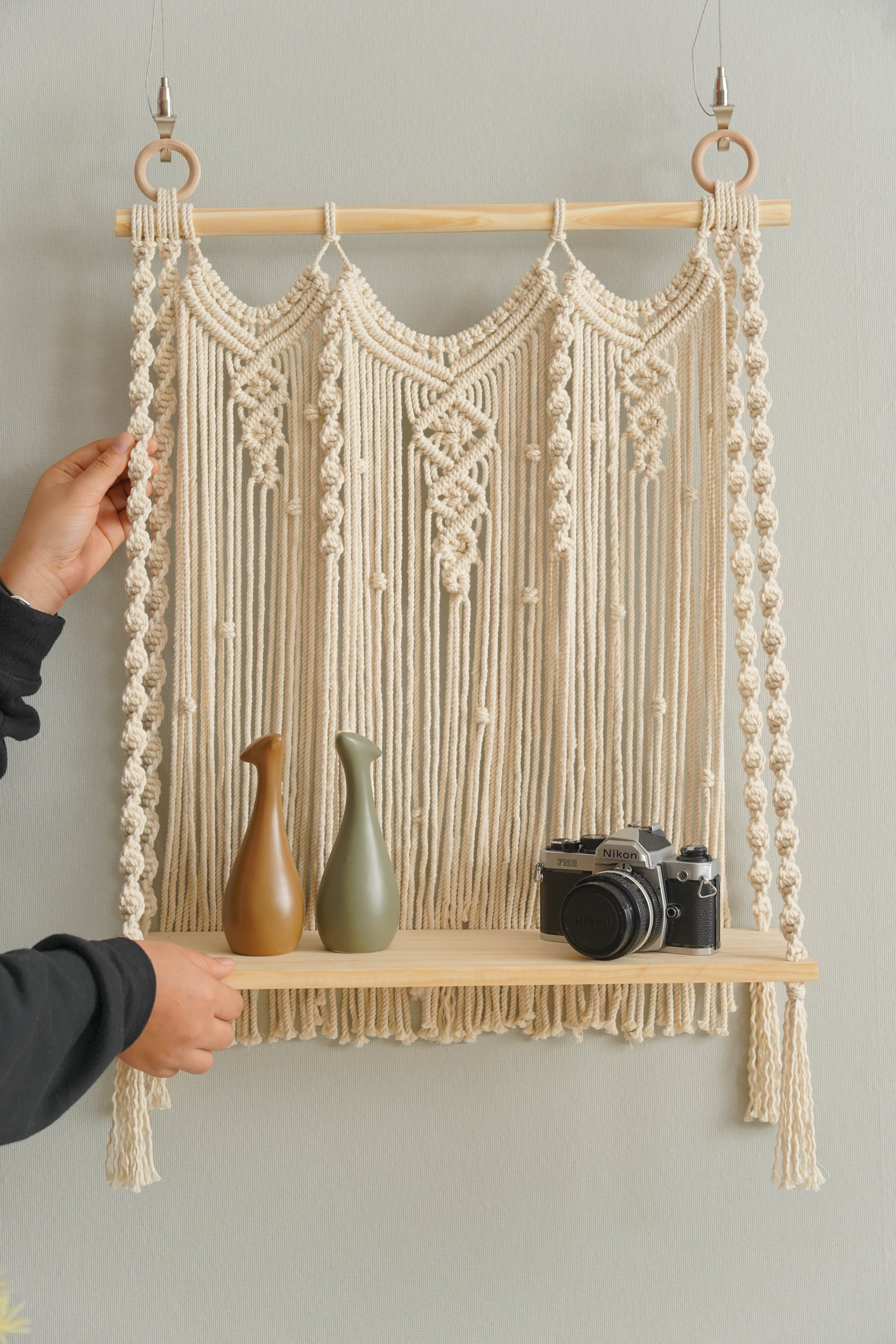 Macrame Wooden Shelf For Stylish Wall Display And Storage