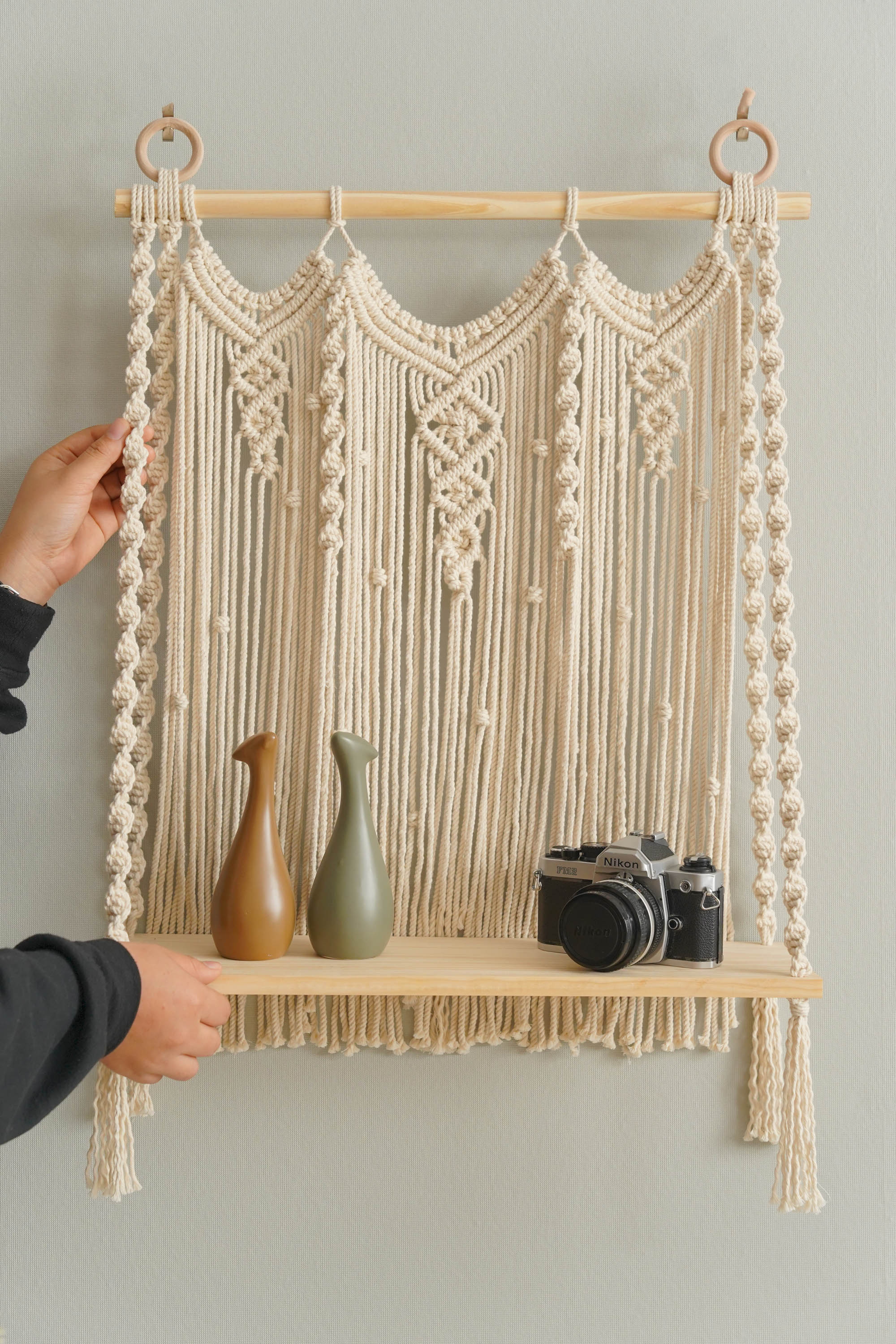 Macrame Wooden Shelf For Stylish Wall Display And Storage