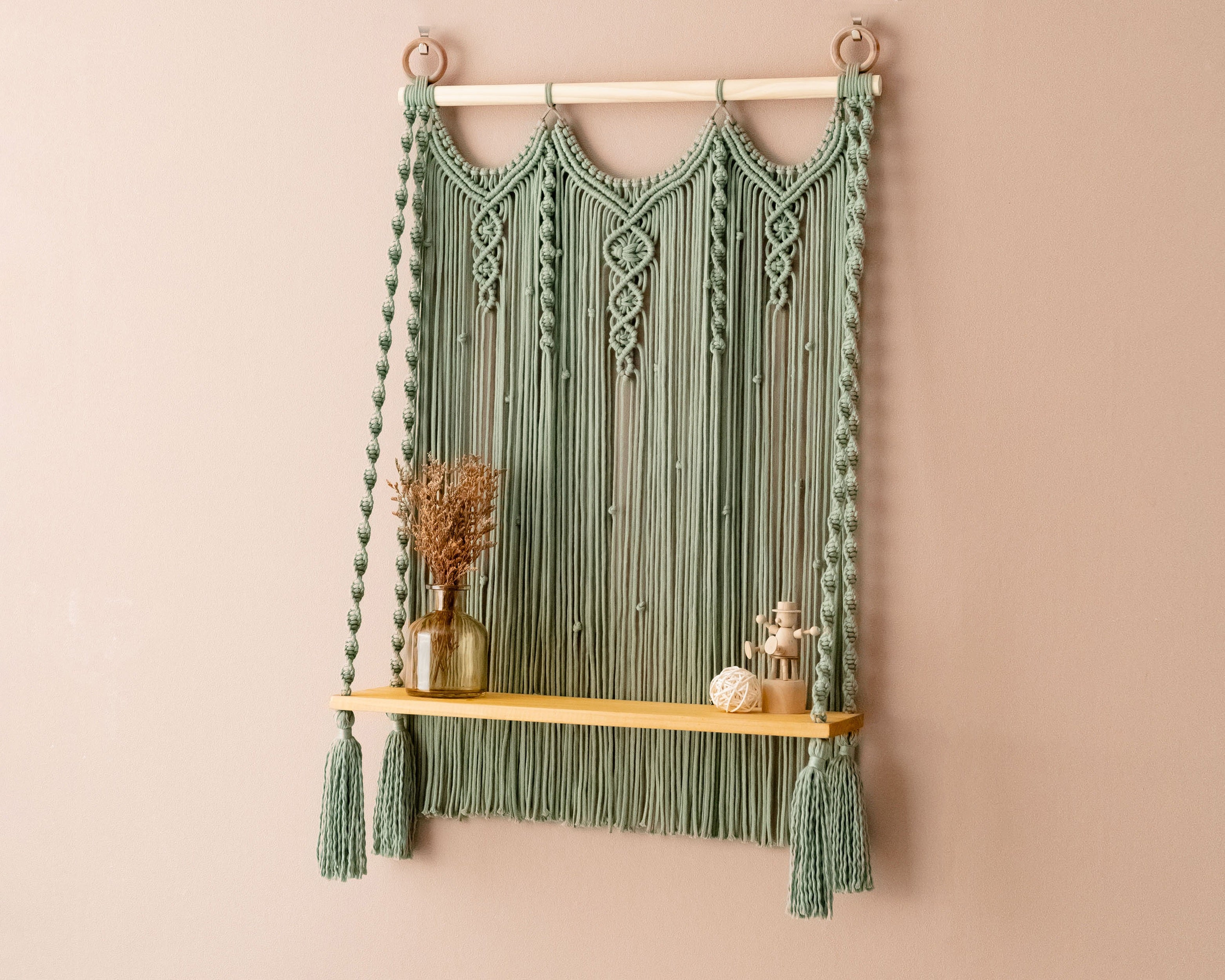 Macrame Wooden Shelf For Stylish Wall Display And Storage