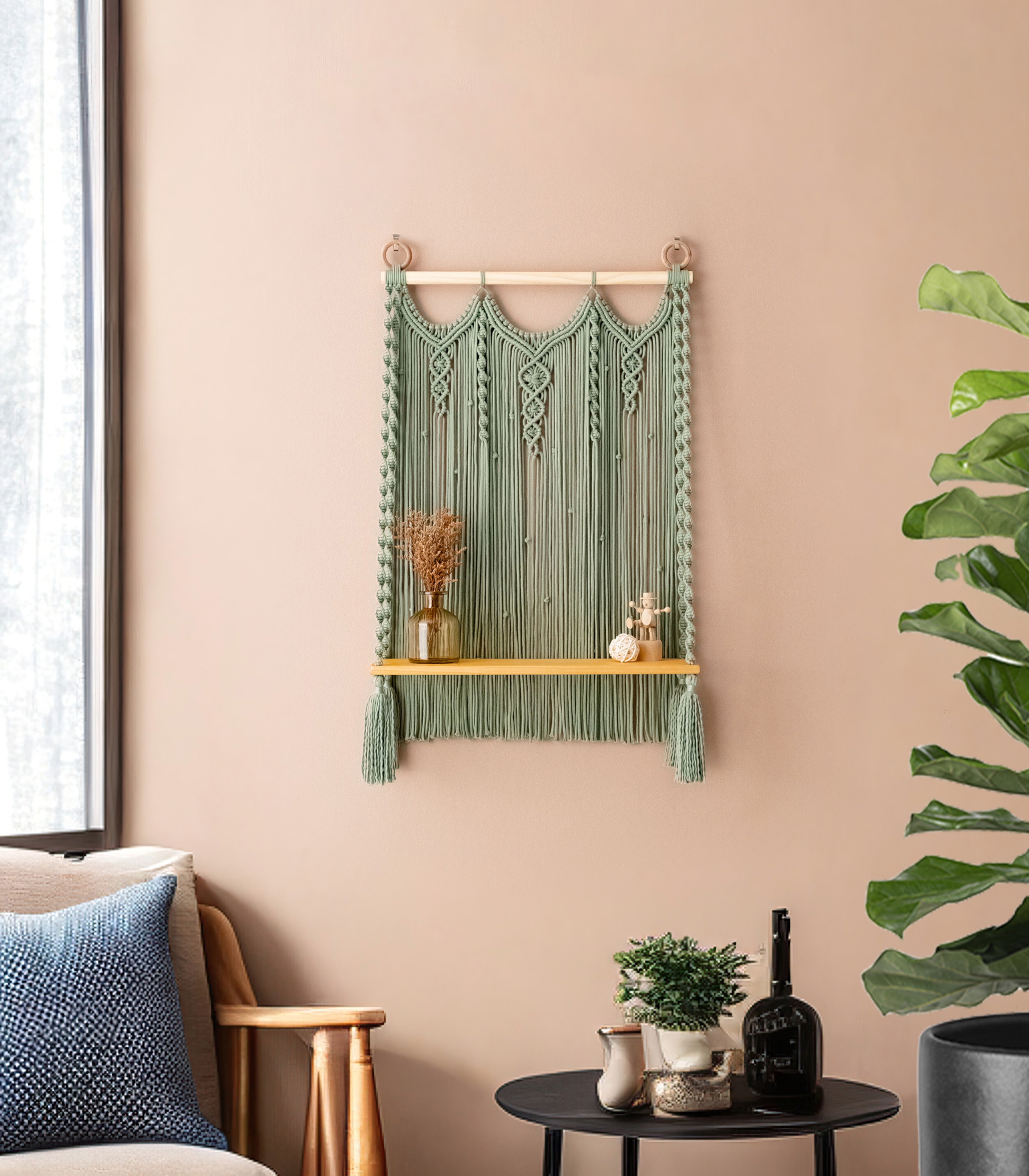 Macrame Wooden Shelf For Stylish Wall Display And Storage