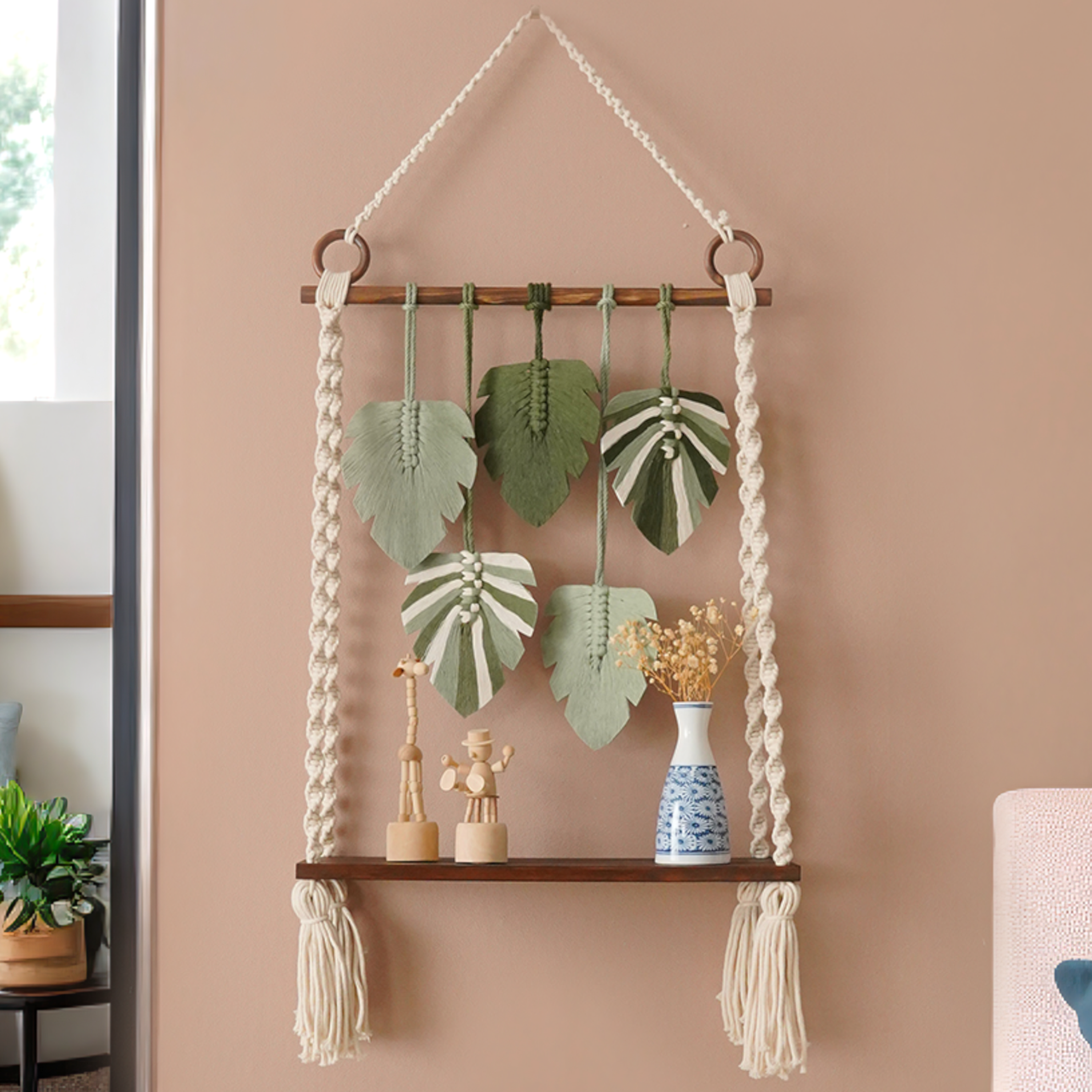 Macrame Wooden Shelf For Boho Wall Decor And Storage Display