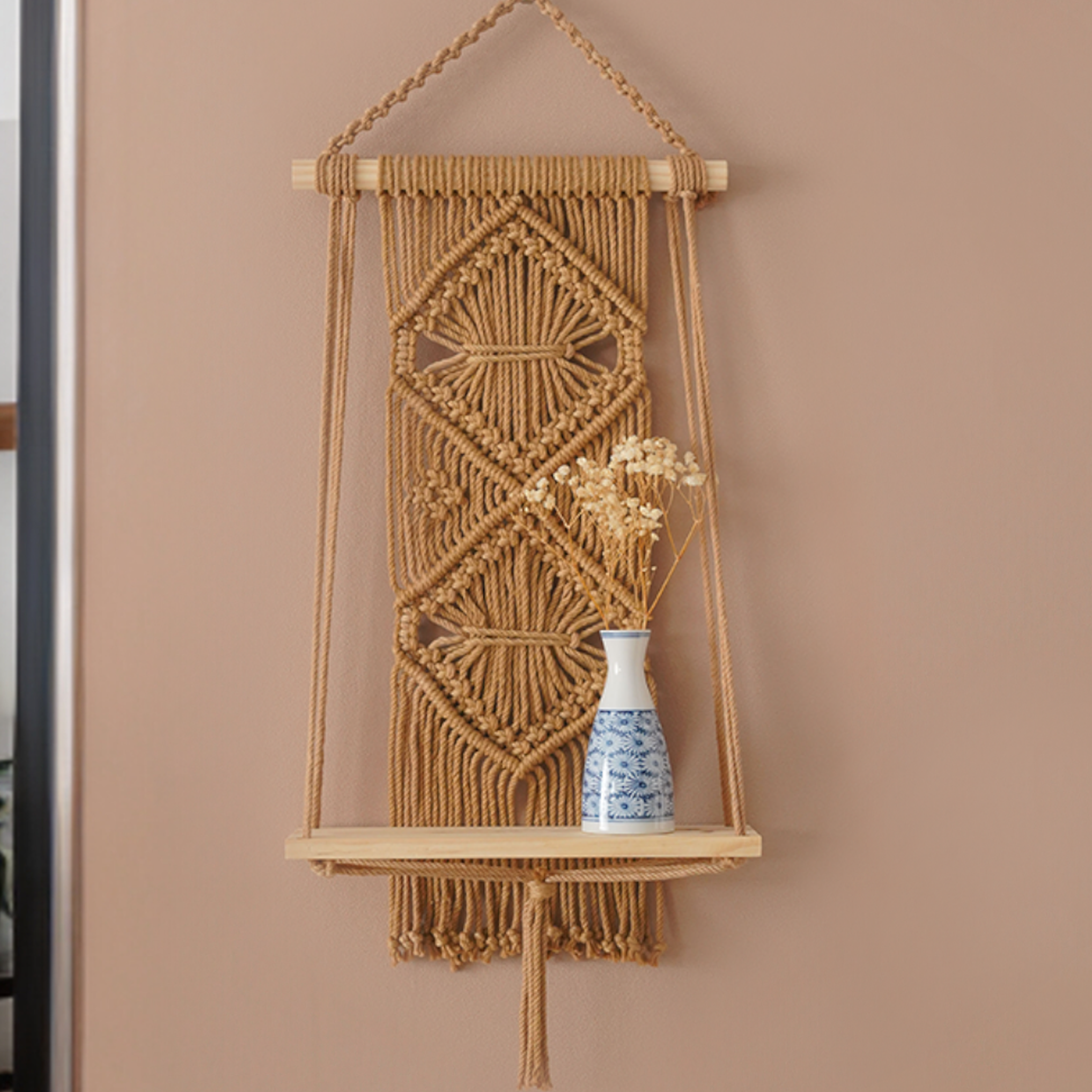 Macrame Wooden Shelf For Stylish Wall Storage And Decor