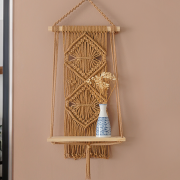 Macrame Wooden Shelf For Stylish Wall Storage And Decor