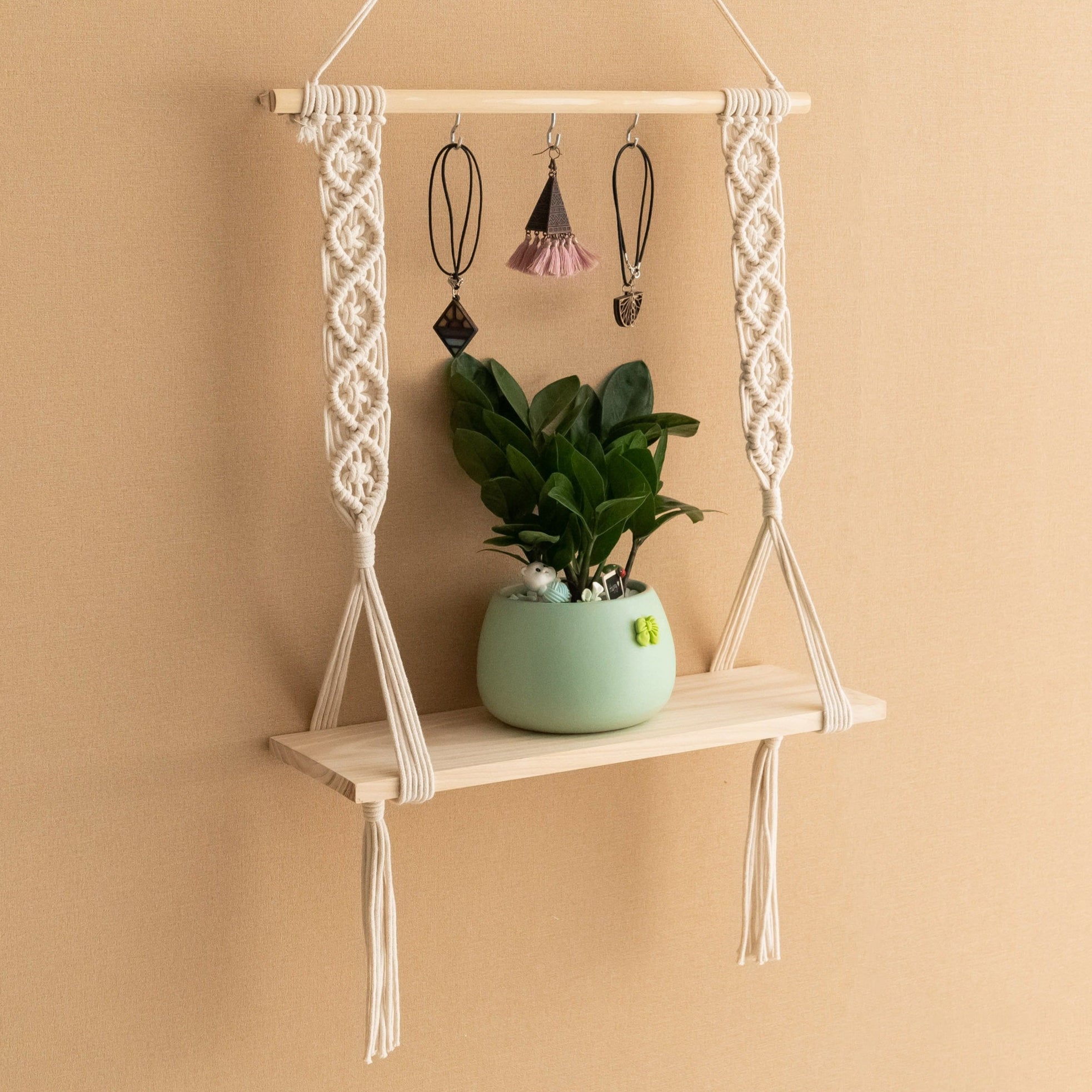 Boho Macrame Hanging Shelf for Chic Wall Decor and Elegant Display